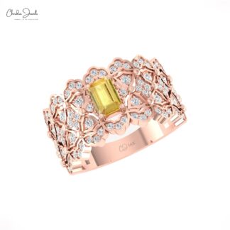 Octagon Cocktail Unique Ring In 14k Pure Gold Yellow Sapphire Diamond Anniversary Rings