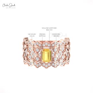 Octagon Cocktail Unique Ring In 14k Pure Gold Yellow Sapphire Diamond Anniversary Rings