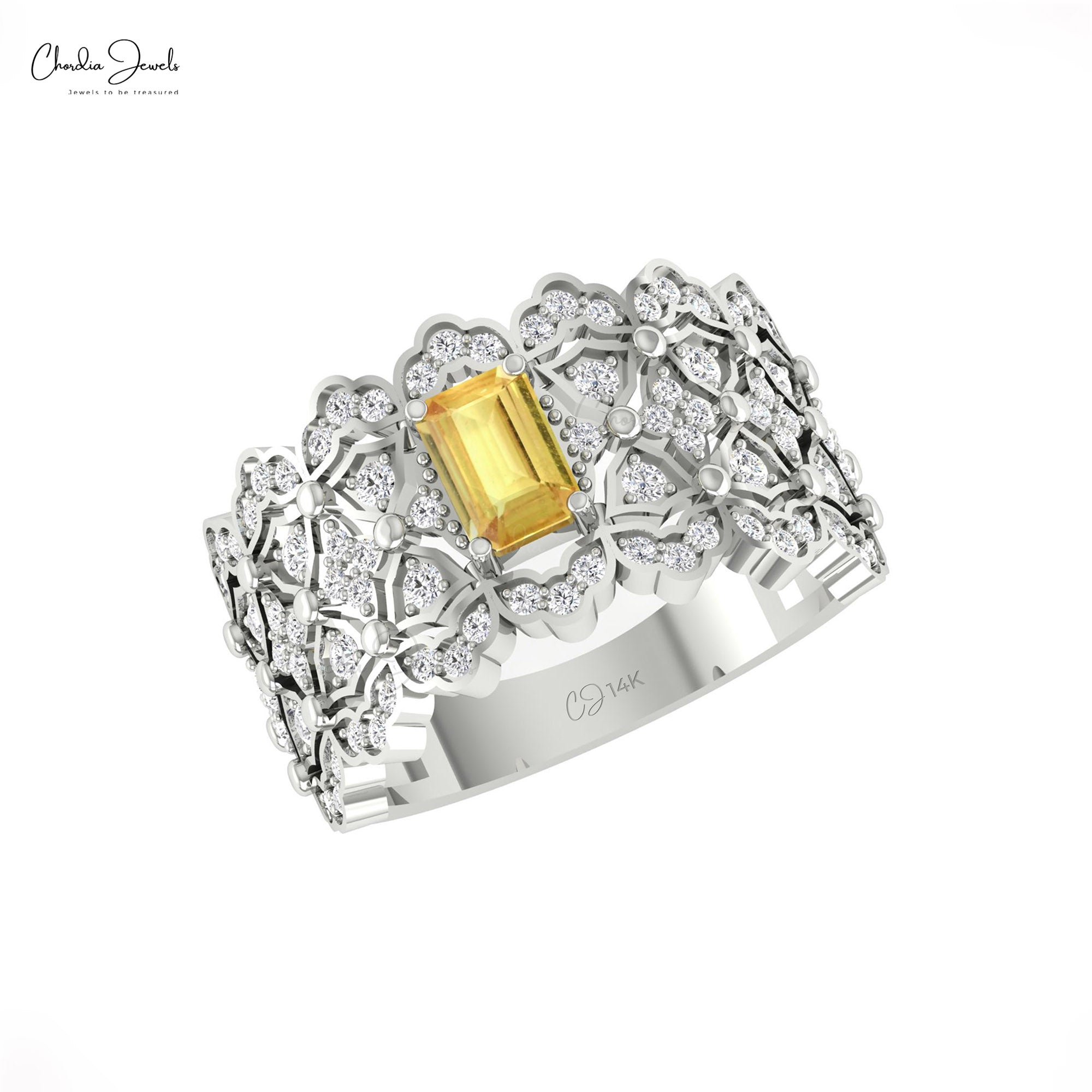 Octagon Cocktail Unique Ring In 14k Pure Gold Yellow Sapphire Diamond Anniversary Rings