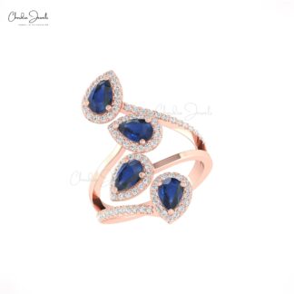 Multi Halo Gemstone Ring In 14k Solid Gold Blue Sapphire And G-H Diamond Cocktail Ring