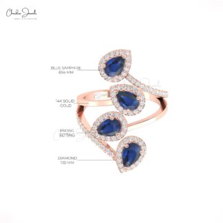 Multi Halo Gemstone Ring In 14k Solid Gold Blue Sapphire And G-H Diamond Cocktail Ring