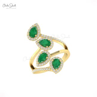 Pear Halo Wrap Ring With 6x4mm Emerald And Diamond Cocktail Bridal Ring In 14k Pure Gold