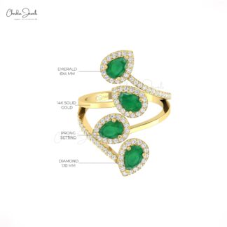 Pear Halo Wrap Ring With 6x4mm Emerald And Diamond Cocktail Bridal Ring In 14k Pure Gold