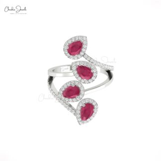 Halo Wrap Diamond Cocktail Ring In 14k Solid Gold Burma Ruby July Birthstone Women Rings
