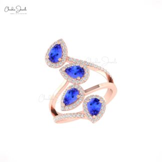 Leaf Style Cocktail Ring In Solid 14k Gold Tanzanite 6x4mm Pear And Diamond Halo Ring