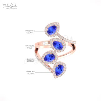 Leaf Style Cocktail Ring In Solid 14k Gold Tanzanite 6x4mm Pear And Diamond Halo Ring