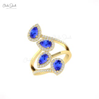 Leaf Style Cocktail Ring In Solid 14k Gold Tanzanite 6x4mm Pear And Diamond Halo Ring