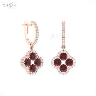 Natural Red Garnet Halo Earrings In Real 14k Gold Diamond Clover Dangle Earrings For Her