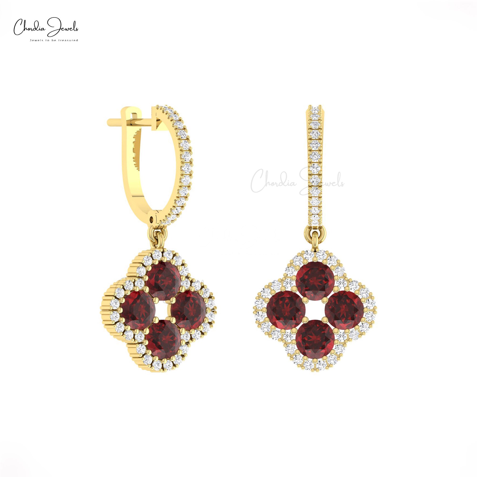 Natural Red Garnet Halo Earrings In Real 14k Gold Diamond Clover Dangle Earrings For Her