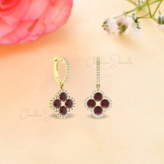 Natural Red Garnet Halo Earrings In Real 14k Gold Diamond Clover Dangle Earrings For Her