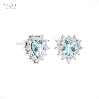 Halo Heart Push Back Stud With 5mm Aquamarine And Diamond Love Earrings In 14k Gold