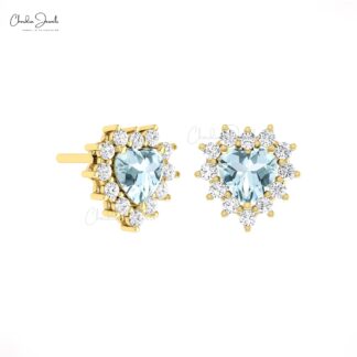 Halo Heart Push Back Stud With 5mm Aquamarine And Diamond Love Earrings In 14k Gold