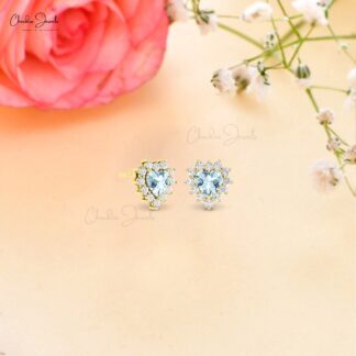 Halo Heart Push Back Stud With 5mm Aquamarine And Diamond Love Earrings In 14k Gold