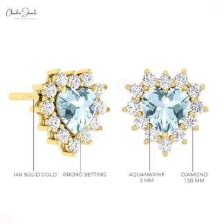 Halo Heart Push Back Stud With 5mm Aquamarine And Diamond Love Earrings In 14k Gold