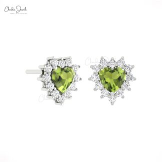 Natural Peridot Heart Earring With Pave Diamond Halo Handmade Earrings In 14k Solid Gold