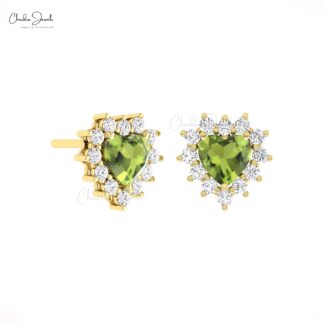 Natural Peridot Heart Earring With Pave Diamond Halo Handmade Earrings In 14k Solid Gold