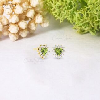 Natural Peridot Heart Earring With Pave Diamond Halo Handmade Earrings In 14k Solid Gold