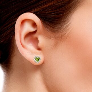 Natural Peridot Heart Earring With Pave Diamond Halo Handmade Earrings In 14k Solid Gold