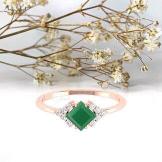 Half Halo Wedding Ring In 14k Solid Gold Zambian Emerald G-H Diamond Pave Rings