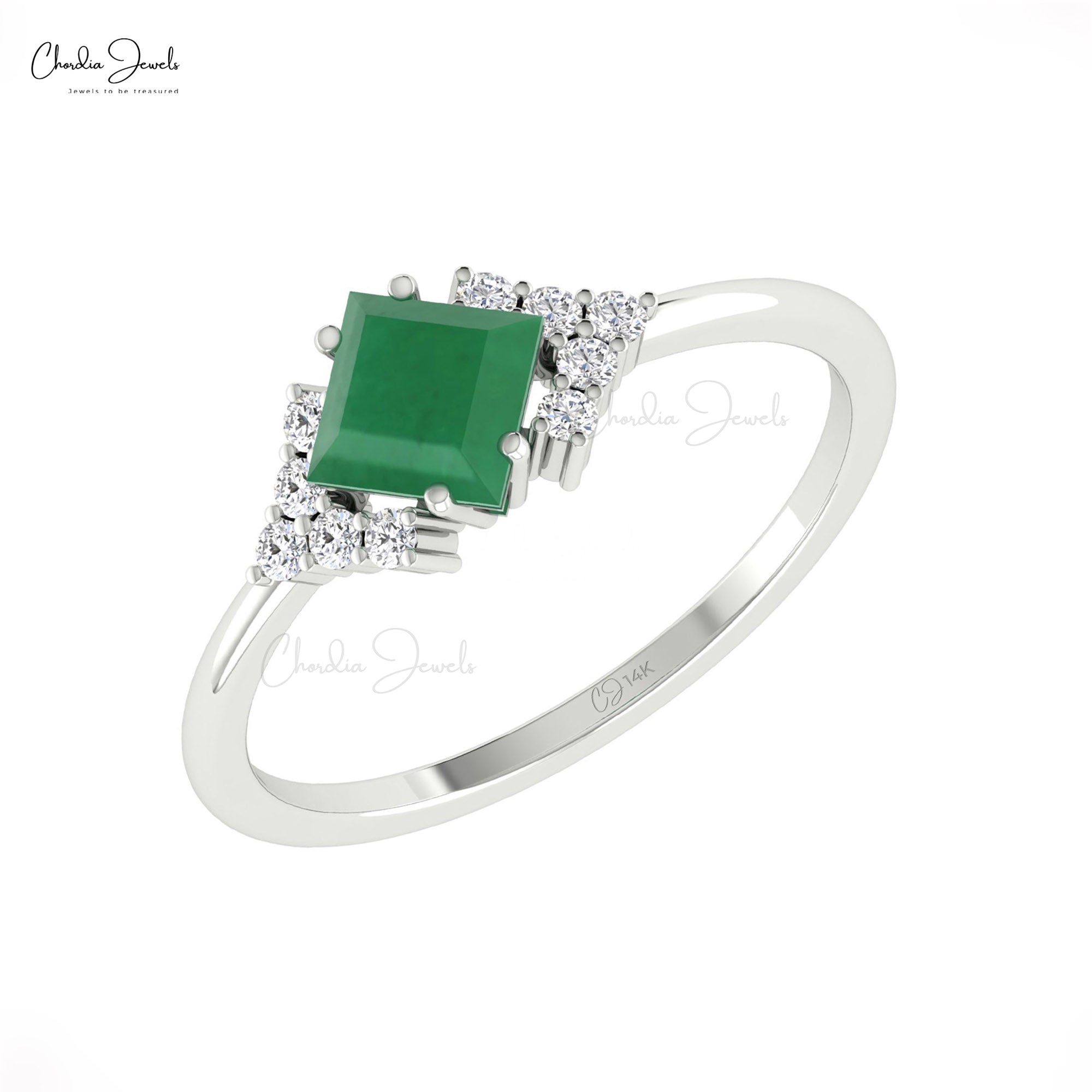 Half Halo Wedding Ring In 14k Solid Gold Zambian Emerald G-H Diamond Pave Rings