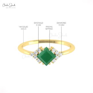Half Halo Wedding Ring In 14k Solid Gold Zambian Emerald G-H Diamond Pave Rings