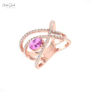 Infinity Gemstone Ring With 7x5mm Pink Sapphire & Diamond Cross Ring In 14k Solid Gold