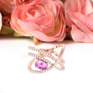 Infinity Gemstone Ring With 7x5mm Pink Sapphire & Diamond Cross Ring In 14k Solid Gold