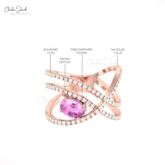 Infinity Gemstone Ring With 7x5mm Pink Sapphire & Diamond Cross Ring In 14k Solid Gold