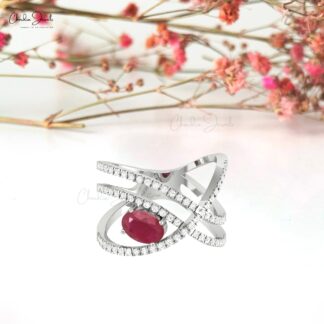 Overlapping Diamond Ring In 14k Gold Burma Ruby 7x5mm Gemstone Engagement Bridal Rings