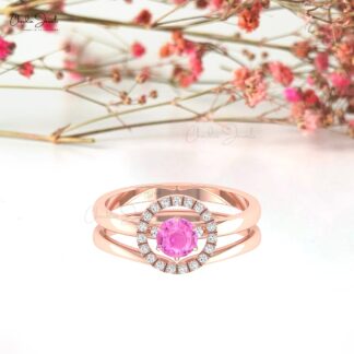 Gemstone Halo Ring In 14k Real Gold Pink Sapphire 5mm Round And Diamond Solitaire Rings