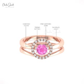 Gemstone Halo Ring In 14k Real Gold Pink Sapphire 5mm Round And Diamond Solitaire Rings