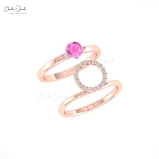 Gemstone Halo Ring In 14k Real Gold Pink Sapphire 5mm Round And Diamond Solitaire Rings