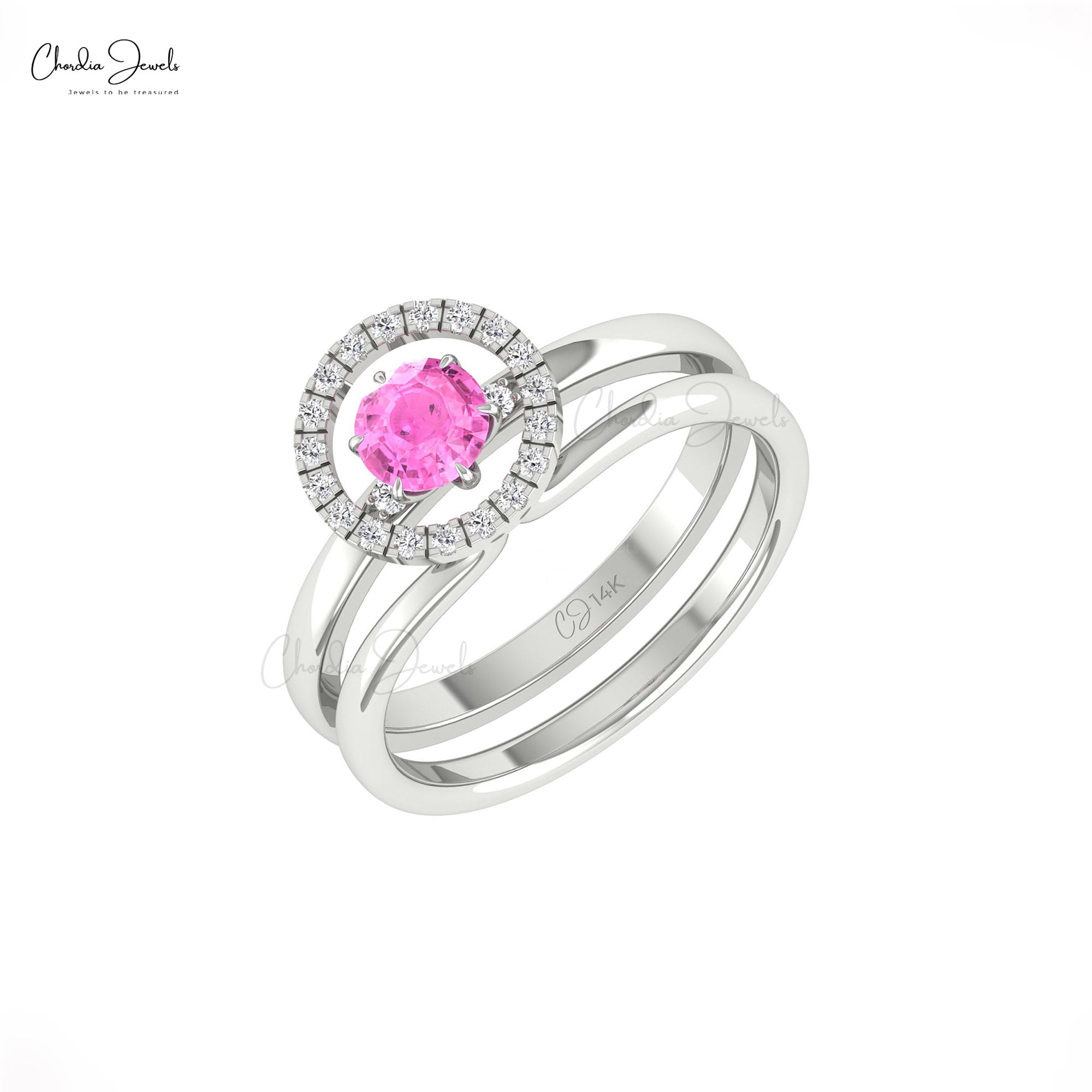 Gemstone Halo Ring In 14k Real Gold Pink Sapphire 5mm Round And Diamond Solitaire Rings