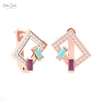 Diamond Latch Back Hoops In 14k Real Gold Opal Rhodolite Garnet Baguette Bridal Earrings