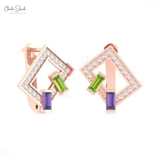 Multi Stone Women Hoops With 4x2mm Amethyst Peridot And Diamond Pave In 14k Gold Earrings