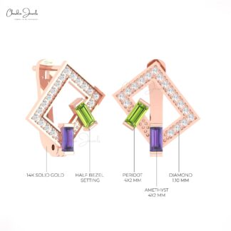 Multi Stone Women Hoops With 4x2mm Amethyst Peridot And Diamond Pave In 14k Gold Earrings