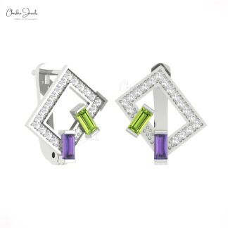 Multi Stone Women Hoops With 4x2mm Amethyst Peridot And Diamond Pave In 14k Gold Earrings