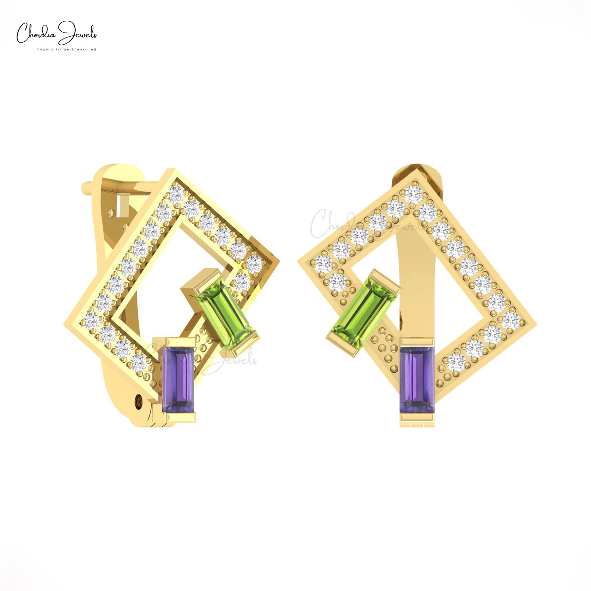 Multi Stone Women Hoops With 4x2mm Amethyst Peridot And Diamond Pave In 14k Gold Earrings