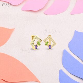 Multi Stone Women Hoops With 4x2mm Amethyst Peridot And Diamond Pave In 14k Gold Earrings