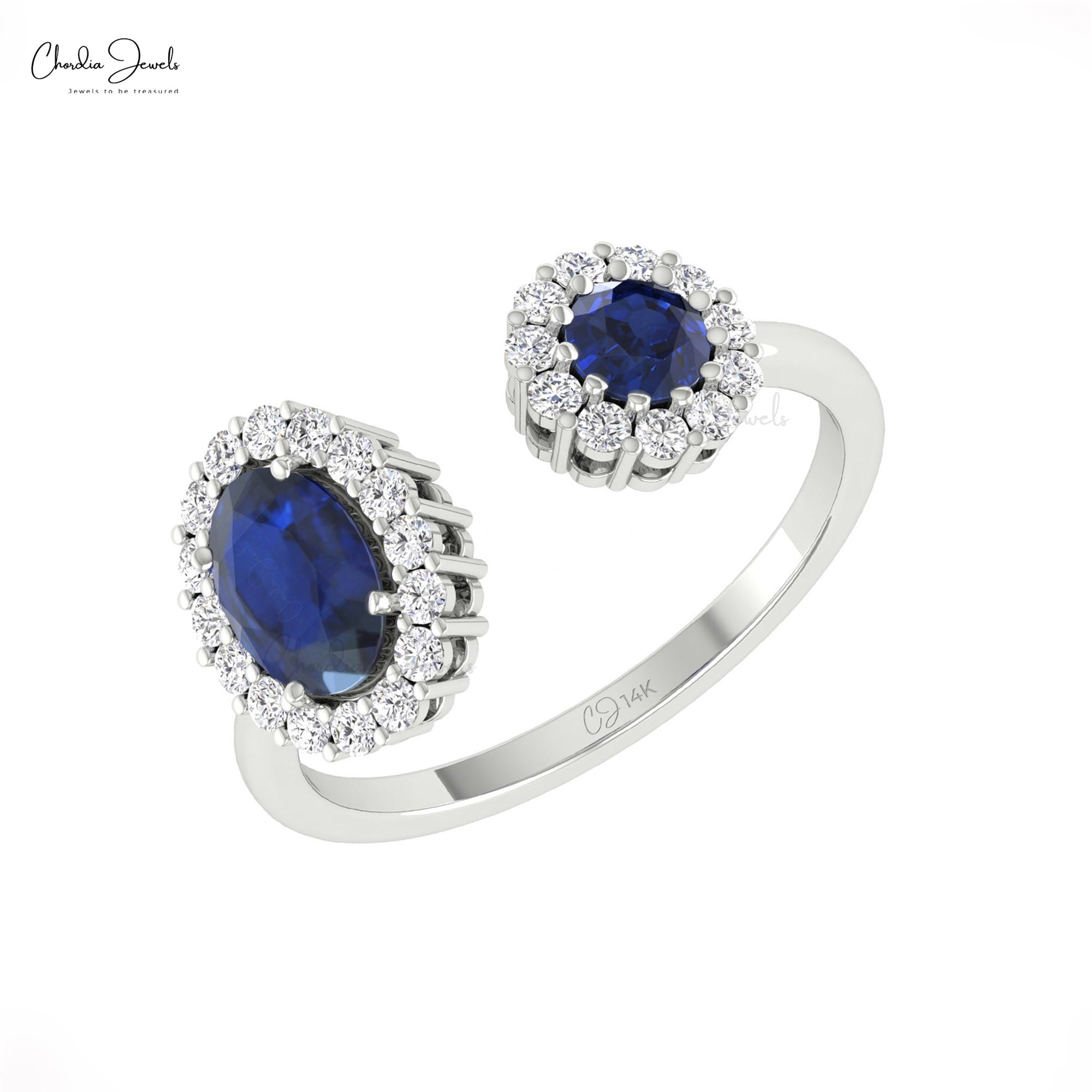 Open Cuff Split Shank Ring With 0.95 Ct Blue Sapphire And Diamond Pave In 14k Gold Ring
