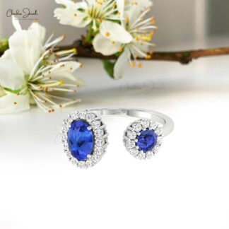 Genuine Tanzanite Dual Halo Ring In 14k Solid Gold G-H Diamond Open Cuff Rings For Her