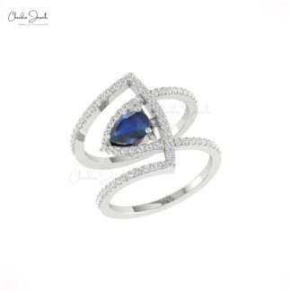 Overlapping Diamond Ring With 7x5mm Blue Sapphire 14k Solid Gold Handmade Wedding Rings