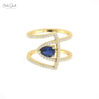 Overlapping Diamond Ring With 7x5mm Blue Sapphire 14k Solid Gold Handmade Wedding Rings