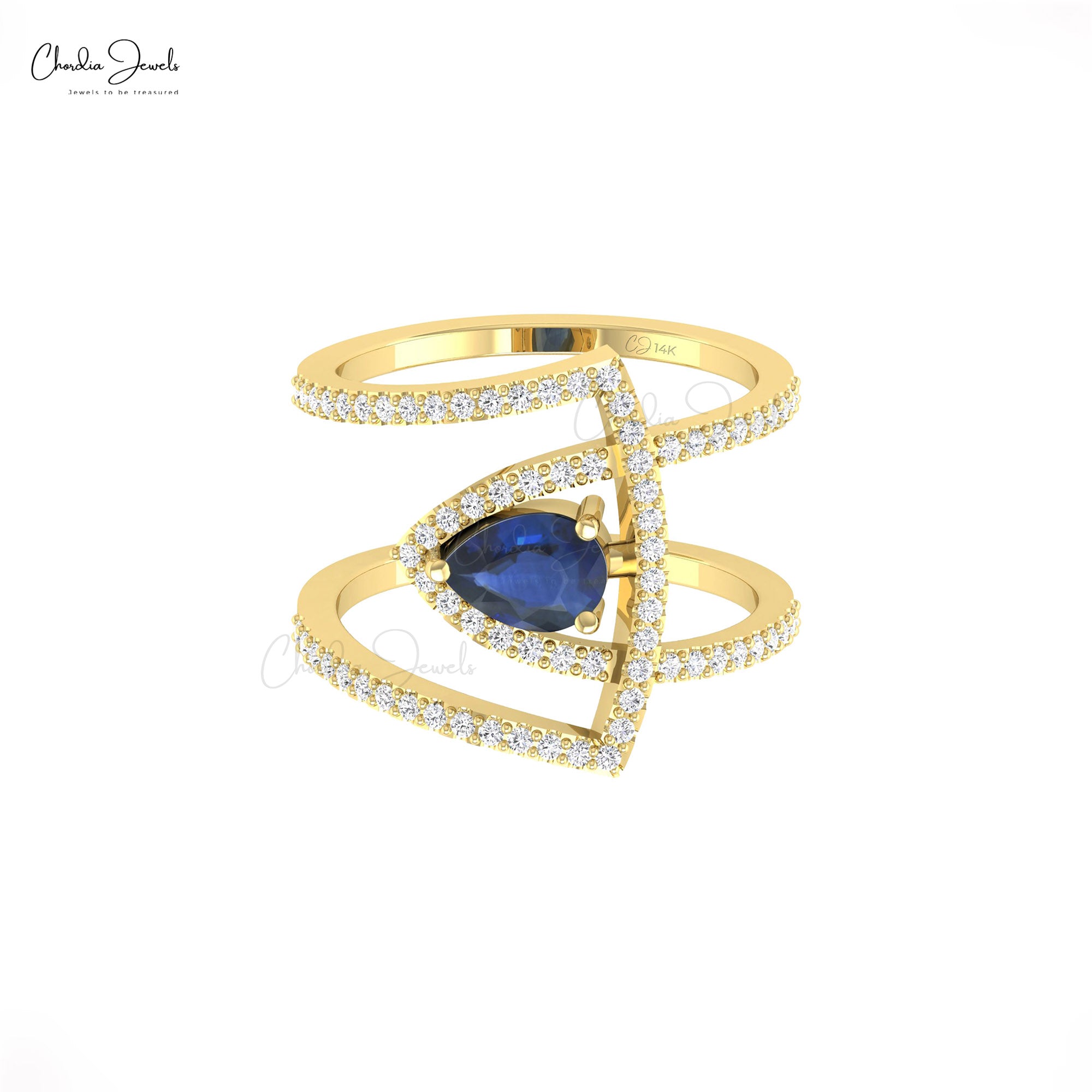 Overlapping Diamond Ring With 7x5mm Blue Sapphire 14k Solid Gold Handmade Wedding Rings