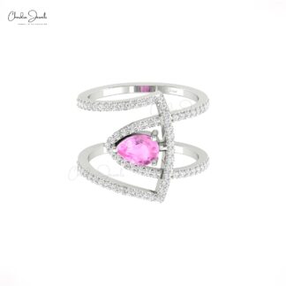 Genuine Pink Sapphire Teardrop Ring In Real 14k Gold Pave Diamond Proposal Fine Jewelry