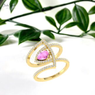 Genuine Pink Sapphire Teardrop Ring In Real 14k Gold Pave Diamond Proposal Fine Jewelry
