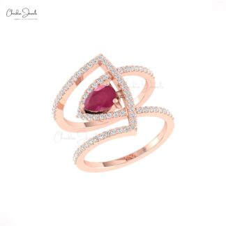 Pear Cut Cocktail Ring With 0.63 Ct Burma Ruby And Diamond Overlapping Ring In 14k Gold