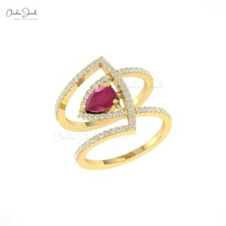 Pear Cut Cocktail Ring With 0.63 Ct Burma Ruby And Diamond Overlapping Ring In 14k Gold