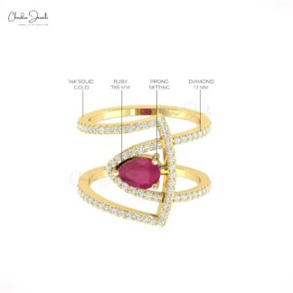 Pear Cut Cocktail Ring With 0.63 Ct Burma Ruby And Diamond Overlapping Ring In 14k Gold