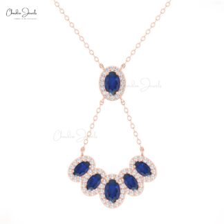 Oval Blue Sapphire Y Necklace With Multi Halo Diamond Pave In 14k Pure Gold Fine Jewelry